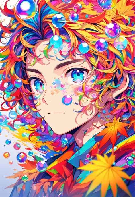 Autumn (masterpiece), ( has the best quality), ( super detailed),(  Messy hair),(illustration), (1 boy),  BeautifulDetailedEyes,Beautiful face ,floating,(High Saturation),( colorful splash ),Colorful bubbles,(shining), facial focus