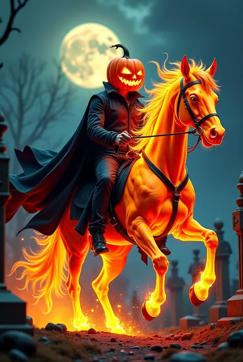 photoillustrasion of a muscle man with the head of jack o'lantern riding a muscle fire stallion, high collar black trench and fl...