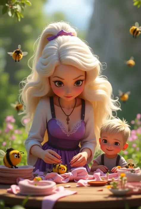  Create a female Disney PIXAR character with white skin, Long curly hair, dressed in purple and white , making bows  , and with her son  , With little bees.