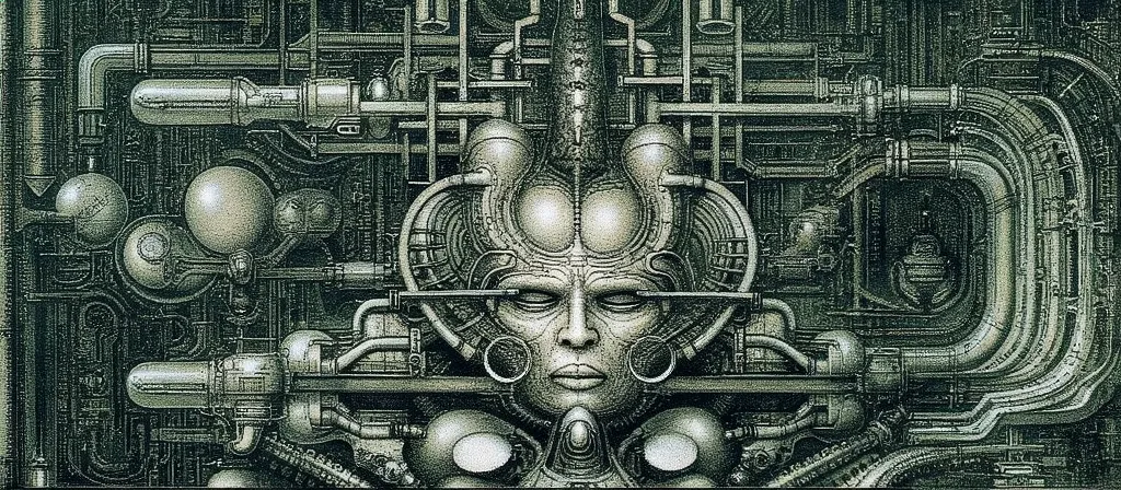 hrggr, the image is a detailed view of h.r. giger's biomechanical tableau \" landscape no 312 \" plate, featuring a complex, int...