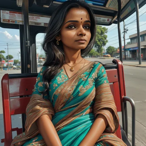 (((HD realistic closeup photo))) of Sabita a 30 year fair complexion beautiful Bengali wife waiting at bus stop