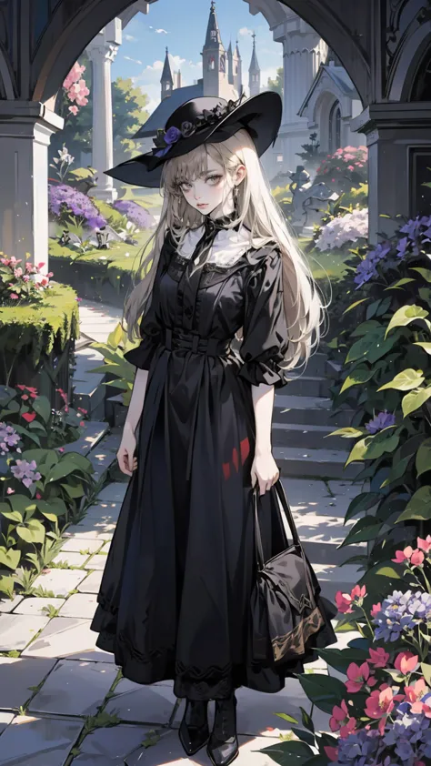 ネオゴススタイルの  girl, Wearing a black dress and a white collar,  wearing a black hat  、Wearing heavy makeup,  she's standing in a mysterious garden  、Surrounded by vines  . The garden is full of dark purple flowers  .、Gothic architecture in the background。.  girl&#39;Iの髪は黒色、  her hair is long braided  .、  has red roses next to her  。. Her eyes are sharp、It&#39;stabbing.,  thick black eyeliner and long eyelashes .  she has white skin .、Lips bright red.. The atmosphere is gloomy and eerie, Dim lighting casts long shadows.  This work is a combination of digital illustration and photography.., result、そのresult、Incredibly high resolution images。. Most colors are dark、I&#39;kind,  The dark red and purple create a dark beauty  ..  The overall style is neo-gothic  ., Horror,  portrait photography ,  creates a unique and fascinating visual experience  .Dark Imagery