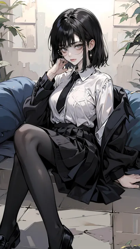 an anime girl with Glasses and a skirt sits on ground and poses,  1 girl , Alone, skirt, Have, shirt, white shirt, pantyhose, Red eyes, Glasses,  Black Hair  , shoes, red skirt, Check pattern skirt, Viewers, Open clothes, Check pattern, collared shirt, ,  Long Sleeve ,  mouth, Sitting, black pantyhose, indoor, bangs,  short hair, 黒縁Glasses,  brown jacket , Outside the shoulder,Add XL @Sparkling
