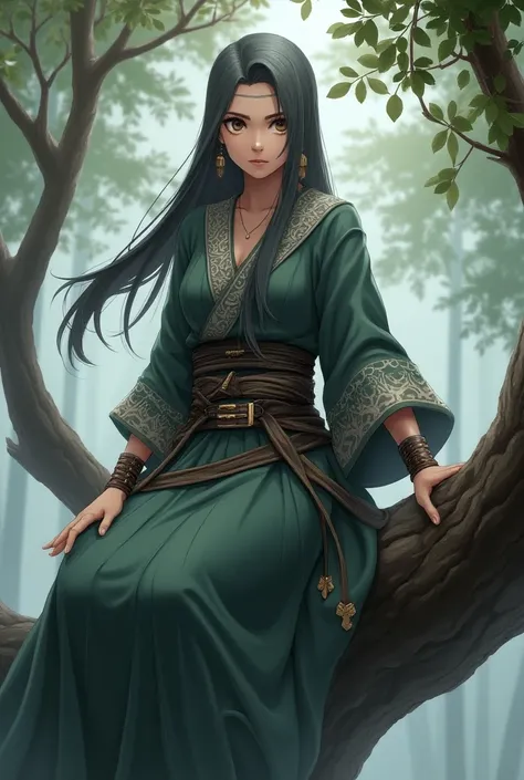 A woman who looks powerful in Naruto series verse whos outfit like a muslim female, with Hijab and Headpiece, Utility Belt and Armor, Loose, Flowing Pants, Long, Layered Robe or Kimono-style Coat and Color Palette and Accessories sitting on a tree in a coo...