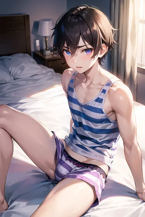 teenage boy sitting on the bed in striped purple boxer briefs, white long tank top, (beautiful eyes, best quality)