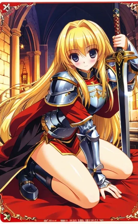  beautiful long blonde hair 　female knight　Black plate armor　 red cloak　 holds a sword　Iron Sword　Medieval castle　whole body　Low angle　Kneel