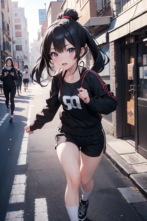 anime girl in black shorts and sports top,  running down a sidewalk in a city,  a photorealistic painting by yang j , pixiv, rea...