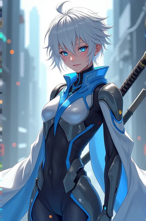 Young anime guy with white hair and blue eyes wearing an exosuit with a haori and a katan