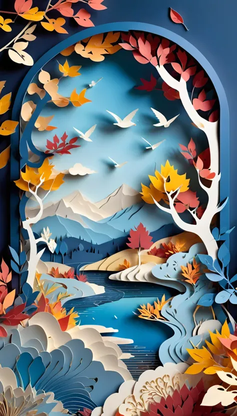 Masterpiece, best composition, best quality, paper cutting art, colorful landscape, autumn leaves season, beautiful autumn leaves landscape with lake, autumn leaves reflected in lake, blue sky and clouds, perfect for mobile phone wallpaper. Autumn leaves landscape, flat paper cutout, paper art, beautiful gradation of hills, blue sky, white clouds, beautiful flowers, beautiful wallpaper, colorful landscape, amazing artwork.