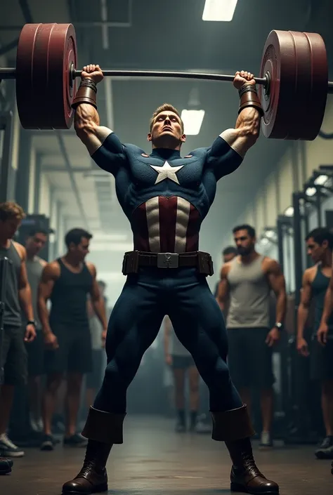 Captain america lifted up a big weight on gym there are people behind him 