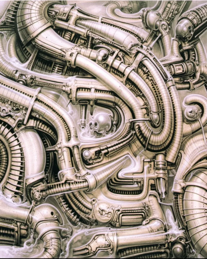 hrggr, the image is a detailed view of h.r. giger's biomechanical tableau \" landscape no 312 \" plate, featuring a complex, int...