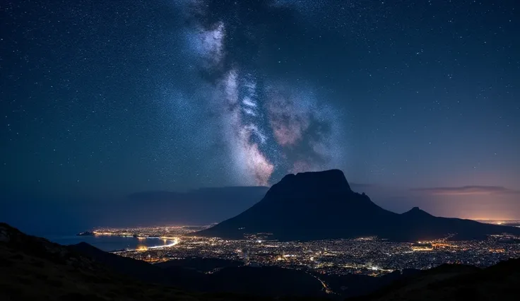 A starry night over Cape Town, with the Milky Way arching across the sky above Table Mountain, and the faint glow of city lights at the base of the mountain, creating a magical blend of nature and urban beauty."