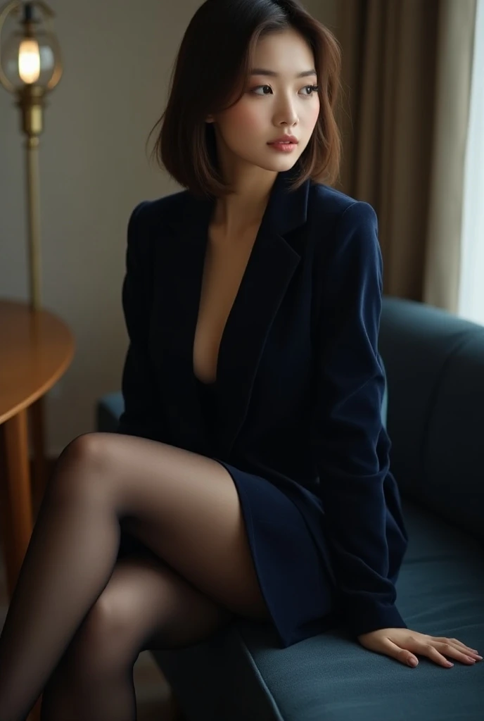  A sweet and sexy Chinese girl ，office，sofa，Girls eyes looking at hand Previous data ，Navy Blue Velvet Suit Dress ， navy suede suit jacket ，Transparent black pantyhose， Extra High Heel Stiletto Heels ， Sexy Hairstyle ，smooth hair，Round Goose Egg Face ， wit...