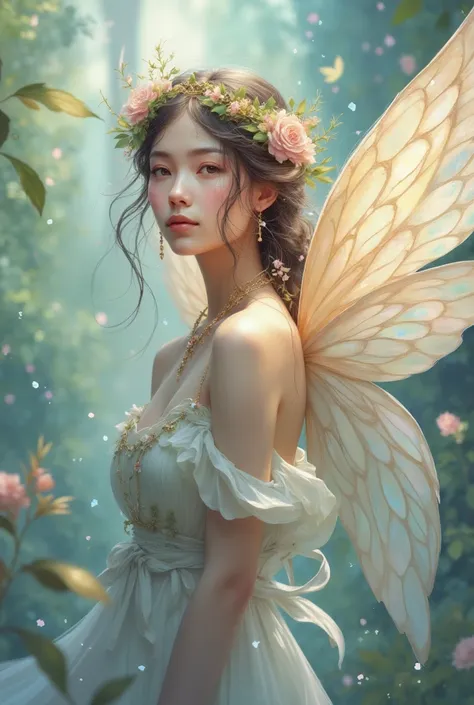 "an angel with soft, flowing wings and a thoughtful expression, looking out into the distance with a slight smile. the colors ar...