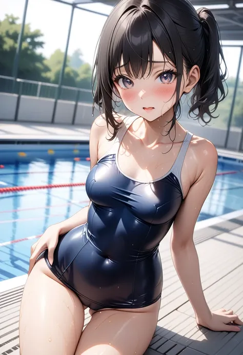 ((School swimsuit, School Swimsuit)), ((Shinyコスチューム)), ((skindentation)), skinny, Alone, 1 female, masterpiece, Best Quality, Best Quality, 16k,  unbelievably absurd , Advanced Details, 2.5D, AI-generated, Delicate and dynamic, Very delicate facial express...