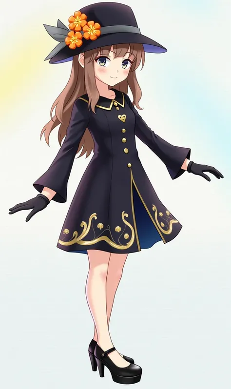  A brown-haired girl in a black dress with golden touches, hat with orange flowers ,  black gloves and black heels 