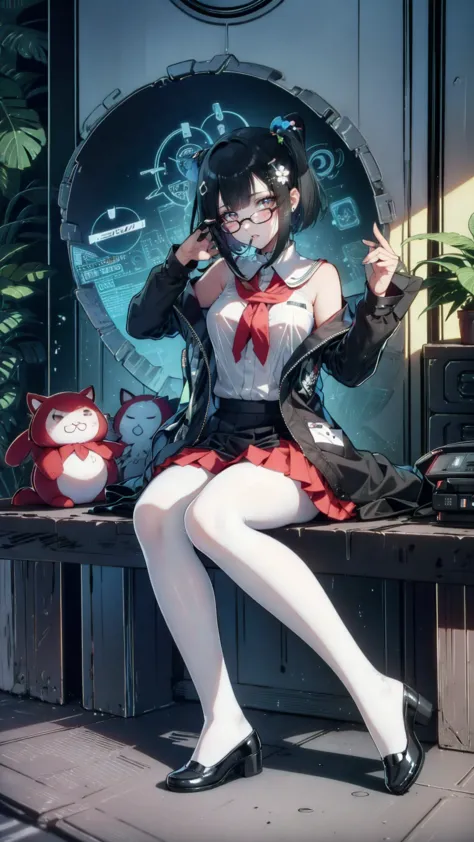 an anime girl with Glasses and a skirt sits on ground and poses,  1 girl , Alone, skirt, Have, shirt, white shirt, pantyhose, Red eyes, Glasses, Black Hair , shoes, red skirt, Check pattern skirt, Viewers, Open clothes, Check pattern, collared shirt, ,  Long Sleeve ,  mouth, Sitting, black pantyhose, indoor, bangs,  short hair, 黒縁Glasses,  brown jacket , Outside the shoulder,Add XL @Sparkling
