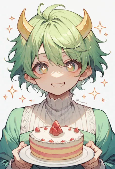 green hair, short hair, very short,boyish hair , short yellow horns,i'm looking at the cake,sparkling eyes,smile