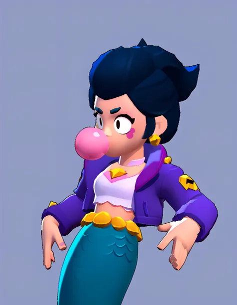 Black hair woman, purple jacket, pink crop top , earrings, Japanese, mermaid , bubble gum, brawl stars Bibi with melodie 