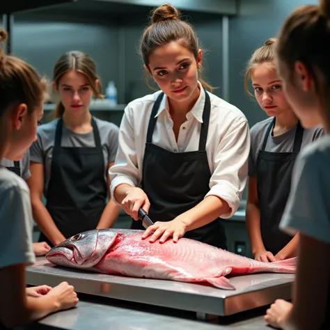 1 teacher, beautiful woman, 20yo, Teaching many s How to fillet a large tuna ,  kind smile,