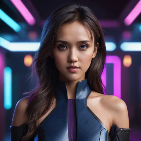 upper-body portrait, agent, jessica alba lookalike, asian, long hair, assassin, form-fitting assassin's suit, dark eyes, dark ey...