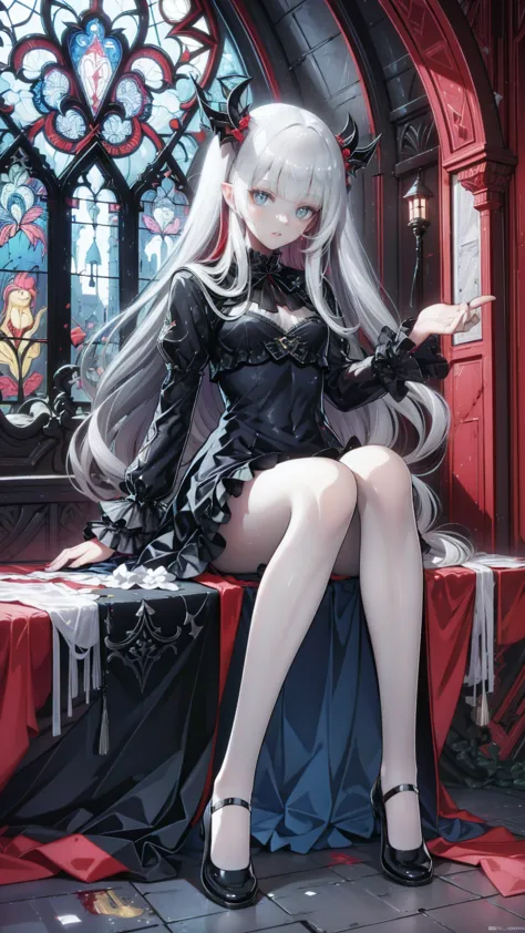 Highly detailed wallpaper,  extremely detailed, Detailed Shadows,  very accurate and detailed, High definition 8K wallpaper,  very beautiful 8K scene wallpaper,Old ruined church. . Her black dress is torn，There are stains in many places. Her Gray Hair is dull, Long and Disturbing. Light shines through a broken stained glass window。.頭にdevilの角.背中にコウモリのwingがある.teeth,(Best writing,  very delicate and beautiful  ),(Best writing,  very delicate and beautiful  ), ( beautiful and delicate face), (Detailed eyes and detailed face:1.2), Dark fantasy, Alone,  cute smile , Gray Hair,  Dynamic Angle, vampire), (gaint vampire castle in background), (Red Moon, Red Sky), Pointed_, teeth, devil&#39;wing, devil horns, There&#39;s blood on your face, Blood Rain, Blood Mist, (  depth of written border ),  high contrast , (Blood splatter:1.4), Cowboy shooting, whole body,Small doll@Sparkling
