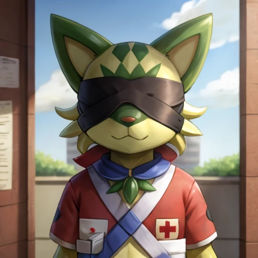 nyaohha,pokémon,whole body,the background is a public health center,blindfold