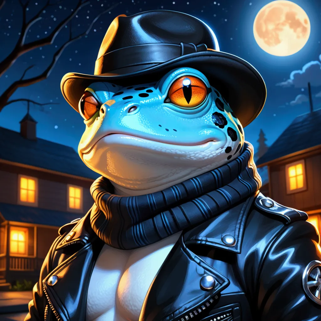 Closeup, anime art style, An extremely badass anthropomorphic light blue and white bullfrog in the night, wearing an insanely cool black leather biker jacket open, warm scarf, snazzy black striped fedora, dynamic pose, insanely beautiful, cozy, warm, the kind of which has never been seen before, immense ren's imagination, amazingly beautiful and detailed, colorful, bright, hdr, detailed background, fine details, cinematic diffused light, fabulous full moon.