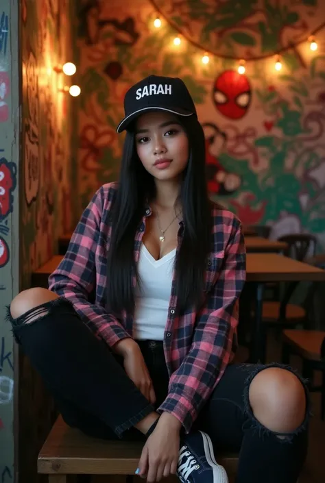 Real picture, a beautiful young Indonesian woman,  long hair straight black wears snap hat labeled SARAH, wears white v-neck t-shirt black and pink checkered shirt,black jeans ripped sports shoes ,sitting in the chair of a walled cafe room pasted graffiti ...