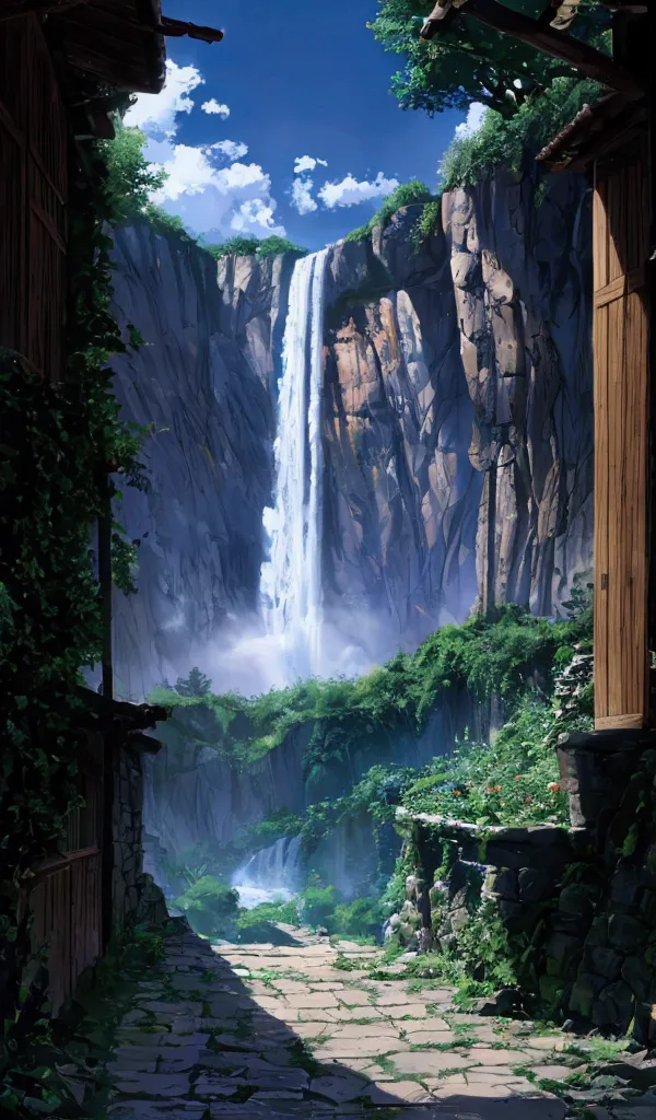 a magnificent valley . 
with verdant forests ,  a village with simple houses at the bottom of the valley .
 a waterfall falling ...