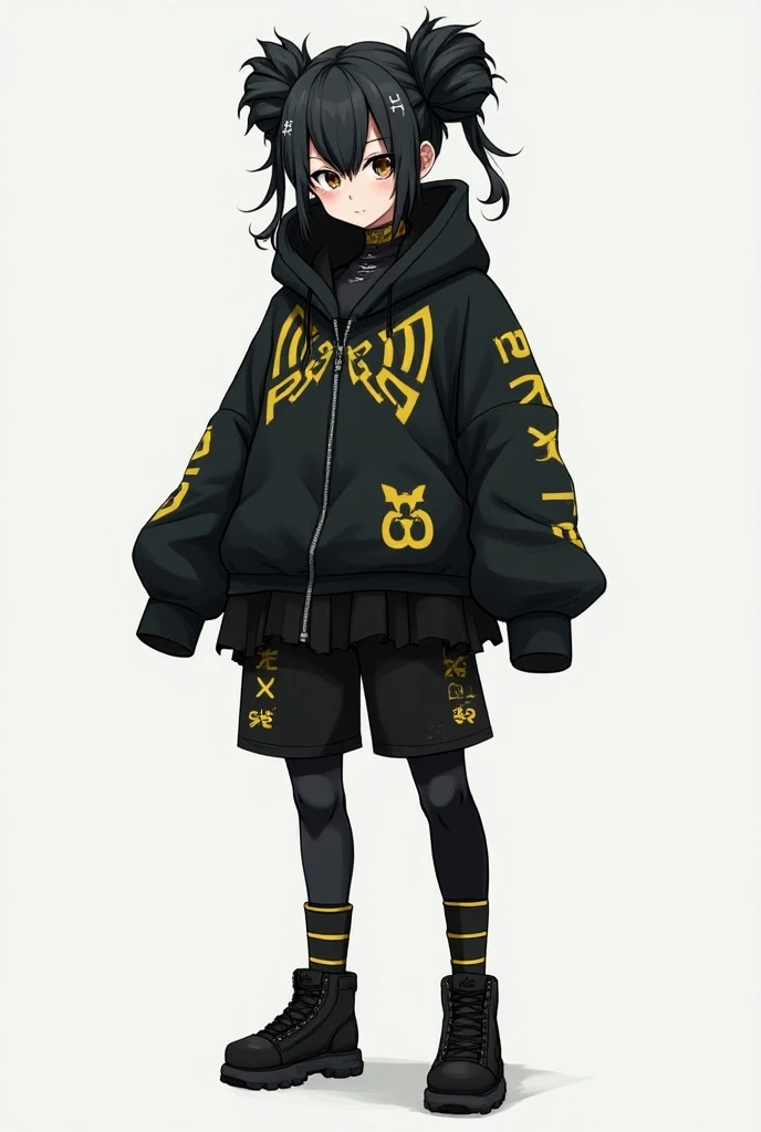 The outfit in the image you uploaded appears to be a modern, streetwear-inspired style with a futuristic or anime-influenced aesthetic. The ensemble consists of an oversized black hoodie jacket with yellow accents and symbols, possibly resembling kanji or ...