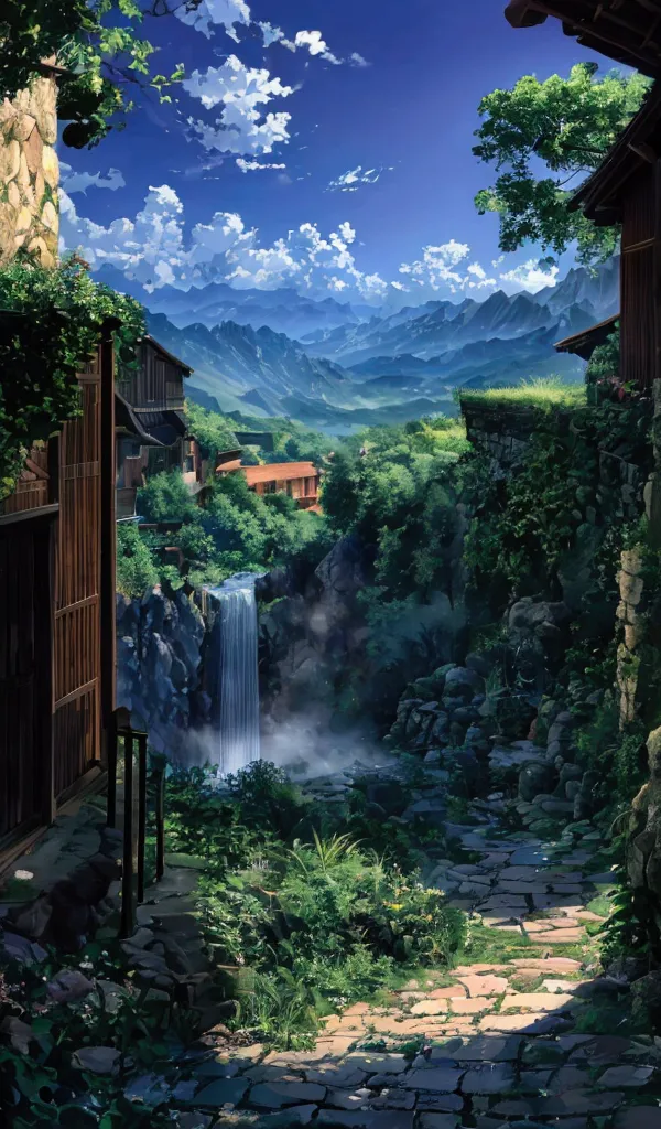 a magnificent valley . 
 with verdant forests ,  a village with simple houses at the bottom of the valley .
 a waterfall falling...