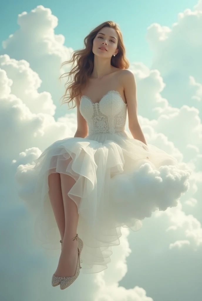 arafed woman sitting on a cloud with a wedding dress on, sitting in a fluffy cloud, long flowing hair, lie on white clouds fairyland, cloud goddess, sleeveless bare shoulders dress, (white laced stockings with garters and with white bows), (layered asymmet...