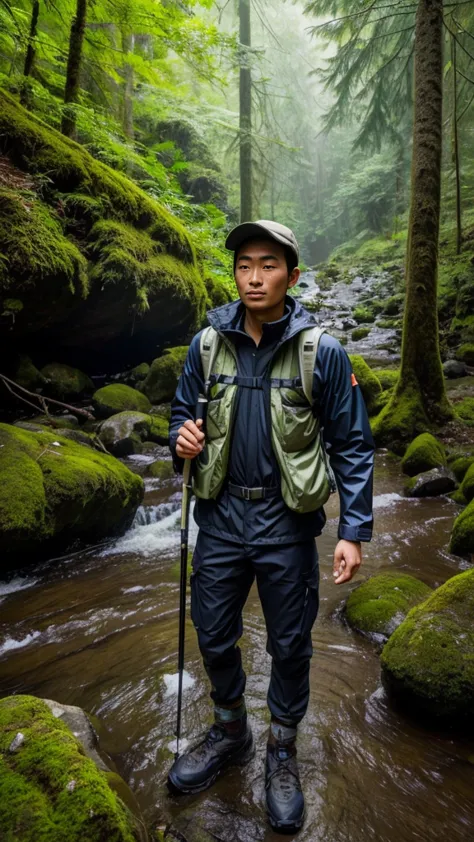 A realistic image of a modern Japanese mountain guide in a forest setting. He is dressed in contemporary hiking attire with a rainproof jacket, cargo pants, and sturdy hiking boots. He holds a modern trekking pole in one hand, with both hands visible. His ...