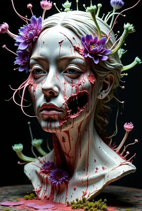 a decayed human face sculpture with blurred and eroded features, its skin hosting alien plants. long tendrils and vividly colore...