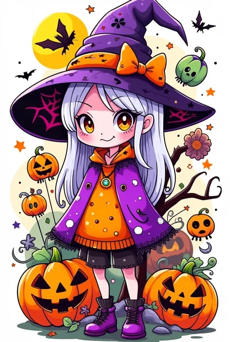 One wearing a hat、cartoon girl with pumpkins and other items,  Halloween art style , Witch Girl, Halloween style,