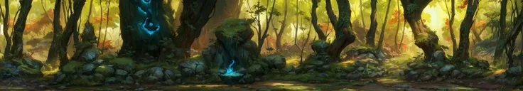 draw a forest ，中间有一个蓝色的火焰 environment concept art, environment concept art, magic concept art,  league of legends concept map , ...