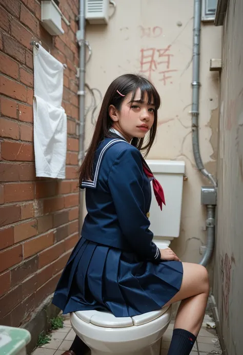 (Realistic),  school uniform、Pee、urination、Back Alley、Toilet、 face the front 