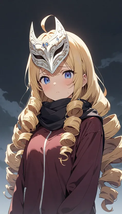 woman、 upper body、 viewers, Long Hair, Ahoge, blonde, Drill Hair,  blue eyes ,  Oblique Eyes, Melancholic face、 maroon sportswear 、 maroon sportswear パンツ、Shoes、Put a silver Venetian mask on your face、Black scarf、Cloudy sky background、Illustration、anime、 sp...