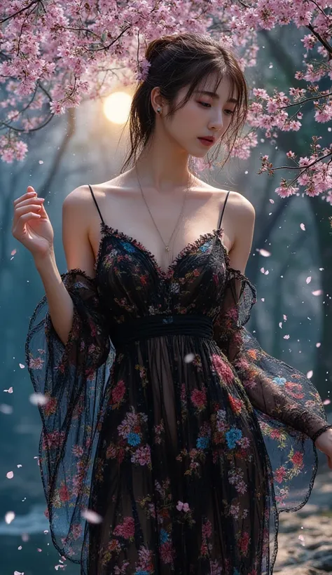 loose outfit、Show shoulders、Dark Color String Dress、How to wear a black gown、Decorated with intricate patterns and bright colors、Transparent material that makes the skin shine、Artistic depiction of seductive woman in gown with wet thin cloth and transparen...