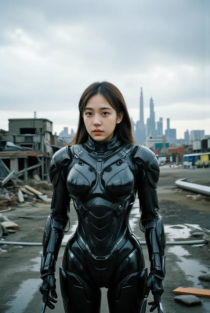 a korean girl wearing a sexy mecha armour. high-resolution film photo taken in a future war.