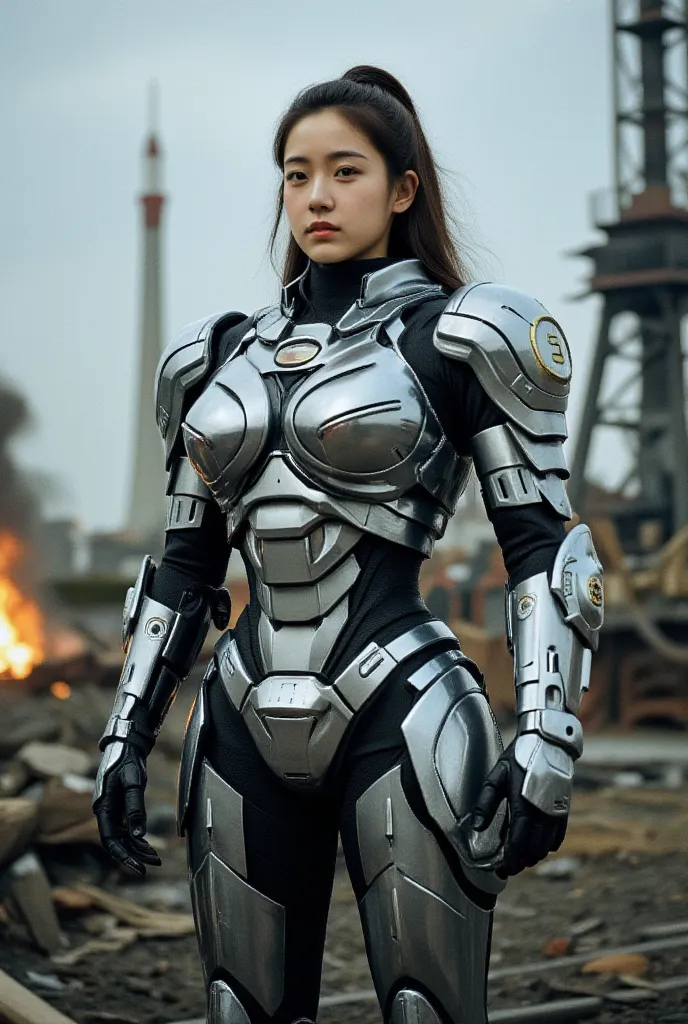 a korean girl wearing a sexy mecha armour. her armor has a large open chest. high-resolution film photo taken in a future war.