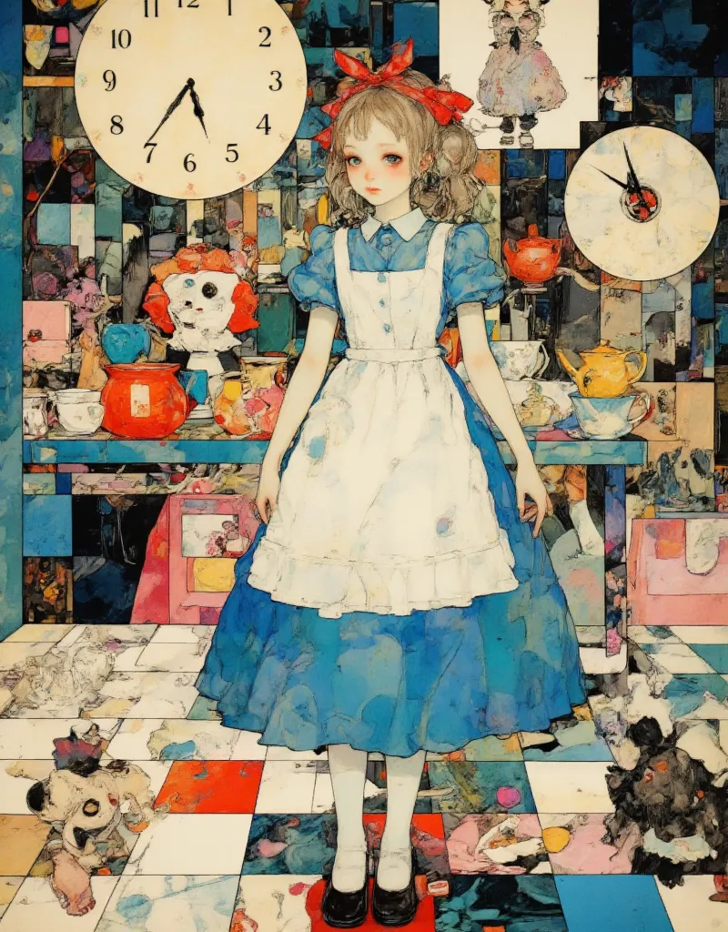 in the middle of the image is alice\(alice in wonderland,, wondering\), in the world everything is wrong, a mad tea-, wrong pers...