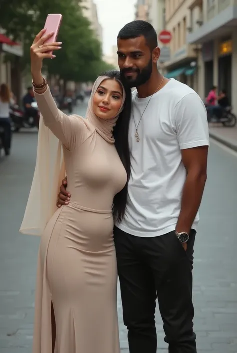 Fair skin teenage muslimah Kylie jenner busty booty slim thick curvy flaunts curves in extremely skin tight full body muslimah dress. Head covered and shoulder draped by Long transperent scarf. Long earrings stand next to her fan,tall dark indian male fan ...