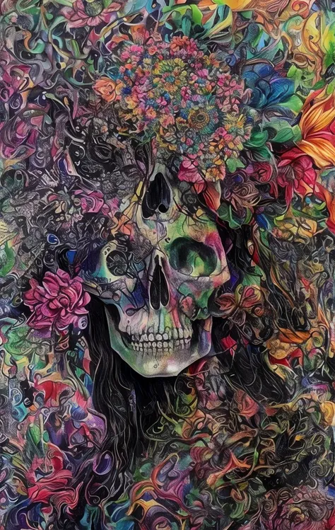 painting of a woman with a skull and flowers in her hair, highly detailed visionary art, shamanic horror lsd art, highly intricate and colorful, colourful!! highly detailed, highly intricate in technicolor, hyper detailed visionary art, intricate colorful ...