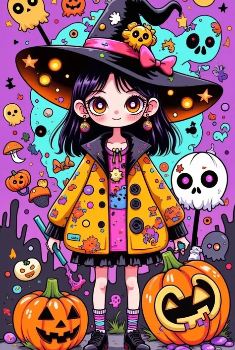 Halloween comic graffiti ：One wearing a hat、cartoon girl with pumpkins and other items,  Halloween art style , Witch Girl, Halloween style, Bright witch, Trick or Treat, Colorfull illustration, Halloween theme, Lovely art style, Sugarpunk character design,...