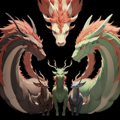 has horns growing from the head 、 manes 、dragon with a long neck,
 is slender overall, 、has 2 long whiskers 。
the four legs are ...