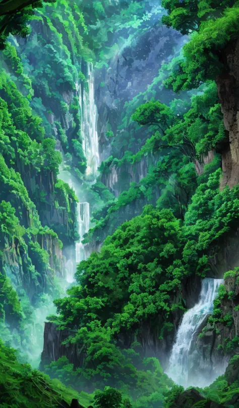 a magnificent valley . 
 with verdant forests ,  a village with simple houses at the bottom of the valley .
 a waterfall falling...