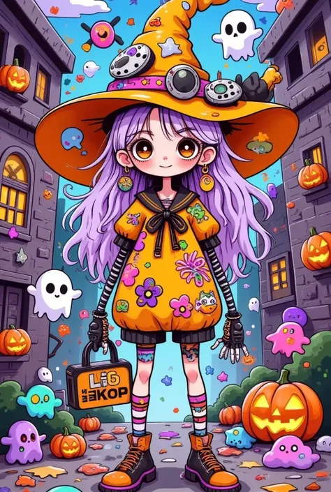  cyberpunk，Halloween comic graffiti ：One wearing a hat、cartoon girl with pumpkins and other items,  Halloween art style , Witch Girl, Halloween style, Bright witch, Trick or Treat, Colorfull illustration, Halloween theme, Lovely art style, Sugarpunk charac...