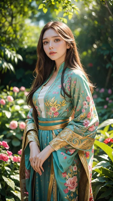 elizabeth olsen, a beautiful woman with intricate details, elizabeth olsen, standing in a lush, colorful garden filled with vibr...